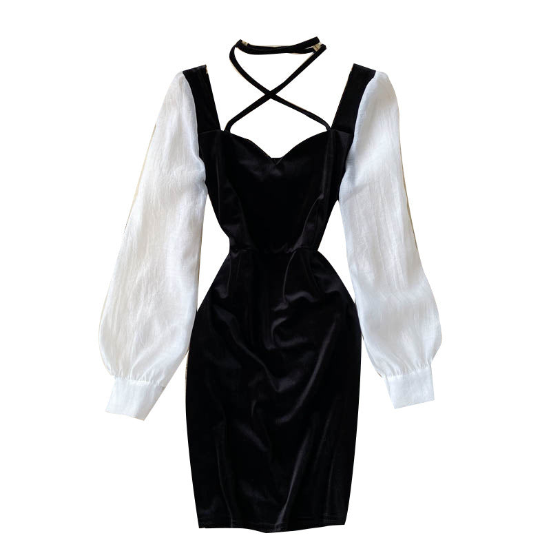 Puff Sleeves Contrast Stitching Scheming Hanging Neck Velvet Mini Dress