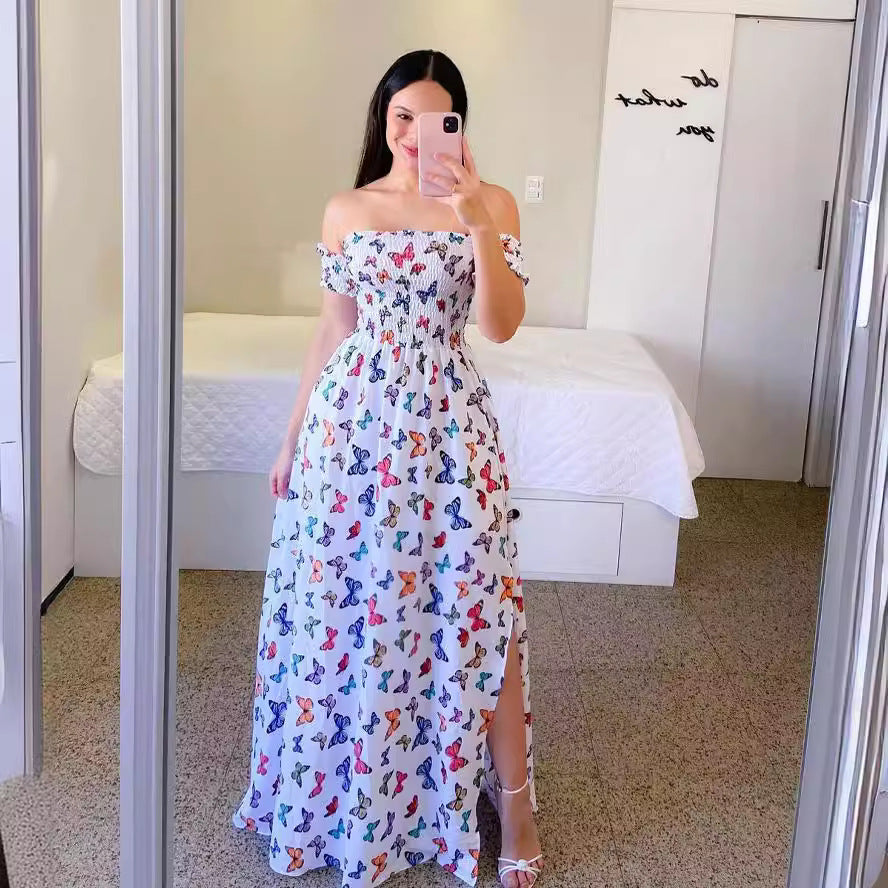 Off-shoulder Printed Butterfly Rainbow Dress