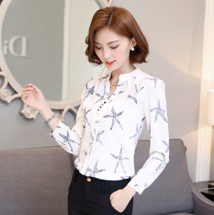 Printed shirt V-neck top Slim long-sleeved chiffon shirt