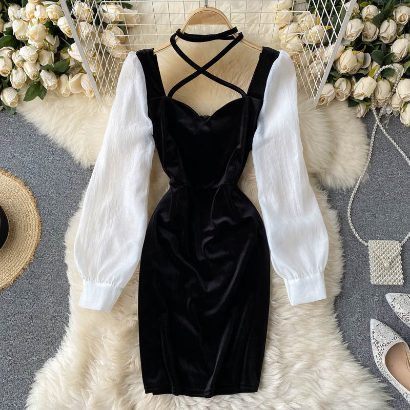 Puff Sleeves Contrast Stitching Scheming Hanging Neck Velvet Mini Dress
