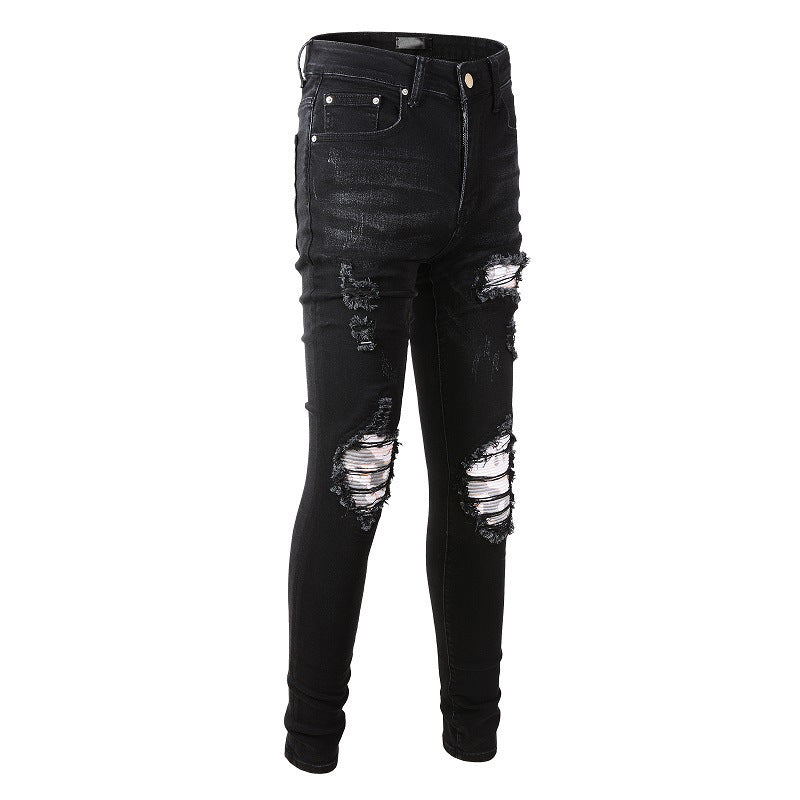 High Street Fashion Brand Black Ripped Patch Jeans Stretch Slim High Street Jeans