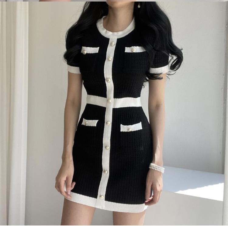 Color Matching Short-sleeved Knitted Dress Women's Waist Slimming Skirt