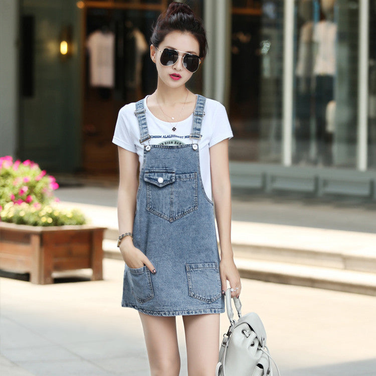 Korean Style Denim Loose Strap Suspender Skirt