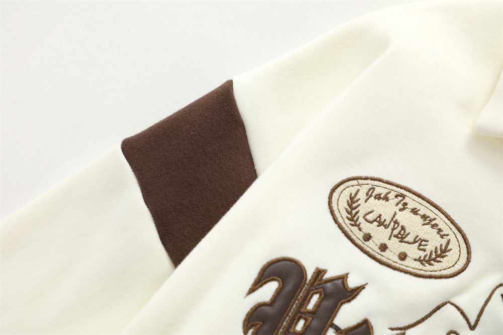 Women's Loose Fashion Polo Collar Lace-up Retro Alphabet Embroidery Color Matching Long Sleeve Short Top