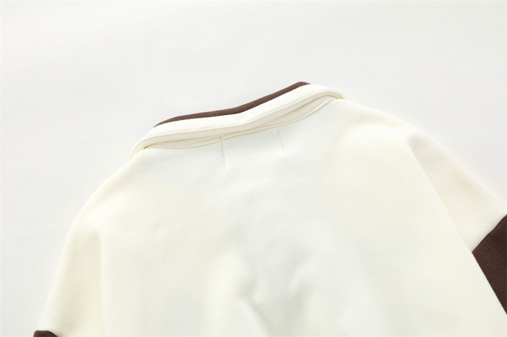 Women's Loose Fashion Polo Collar Lace-up Retro Alphabet Embroidery Color Matching Long Sleeve Short Top