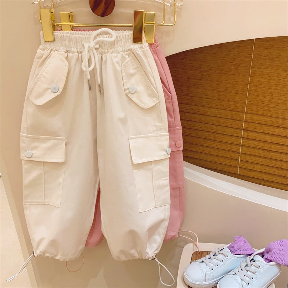 Girls' Pants Lace-up Large Pocket Loose Ankle-tied Wide Leisure Cargo Sweatpants