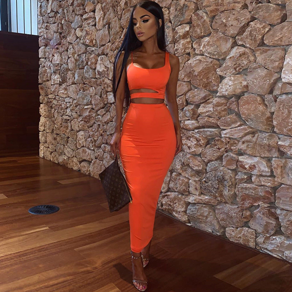New women's sling round neck hollow two-piece skirt