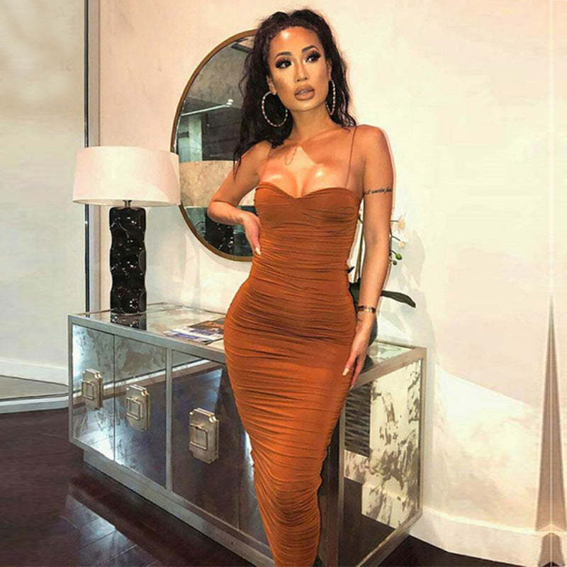 Women bodycon long ruffled dress with suspenders