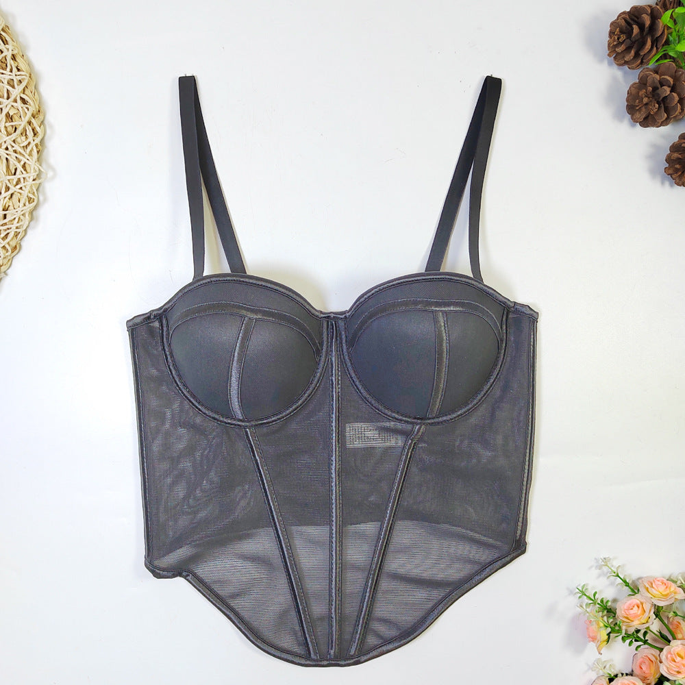 Cross Border Foreign Trade Fishbone Mesh Tube Top Backless Design Lines Contrast Color Corset Sexy Top