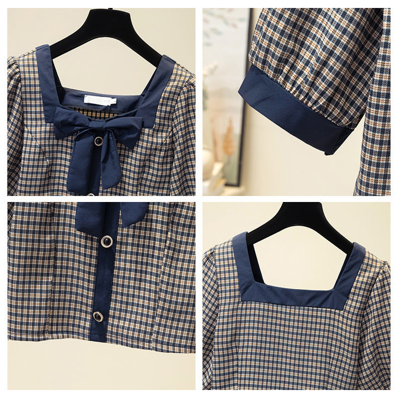 Large Size Women's Summer New Design Sense Niche Square Collar Short Puff Sleeve Top And Fat Sister Plaid Shirt