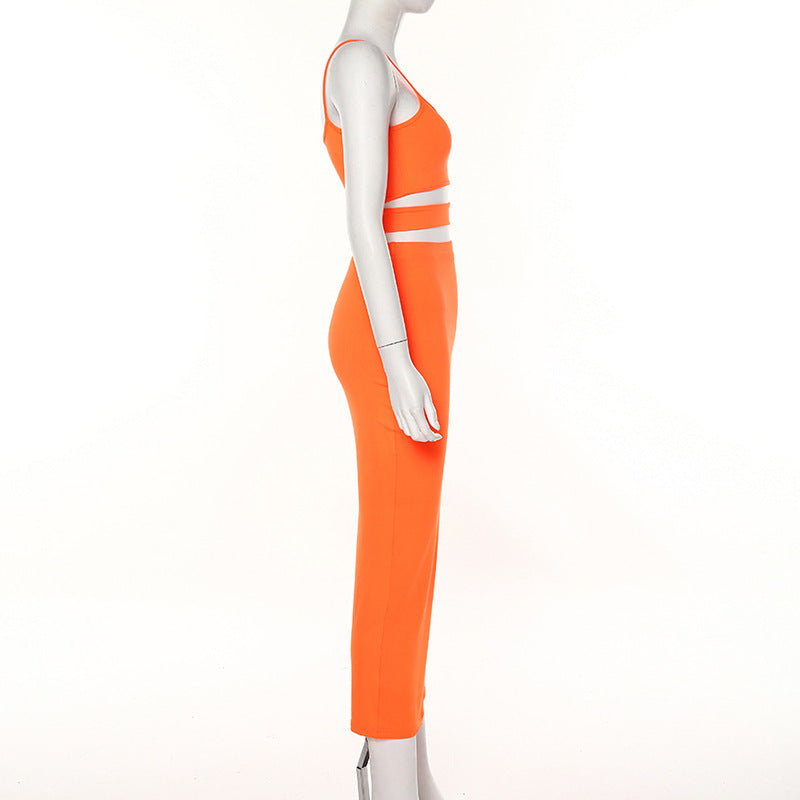 New women's sling round neck hollow two-piece skirt