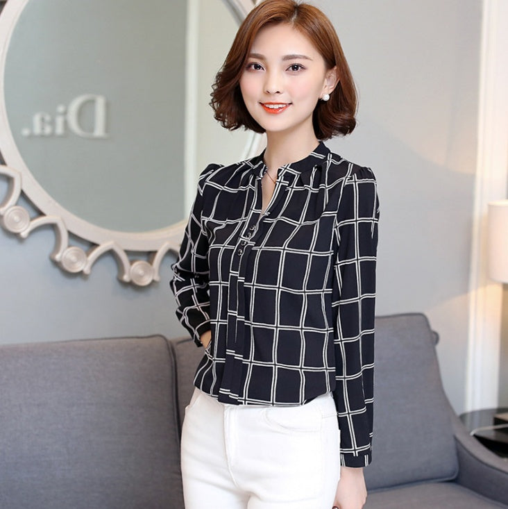 Printed shirt V-neck top Slim long-sleeved chiffon shirt