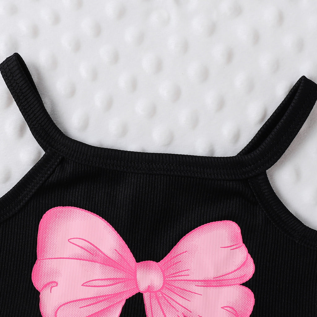 Sweet Cool Female Children's Suit Children Bow Print Sling Irregular Pantskirt