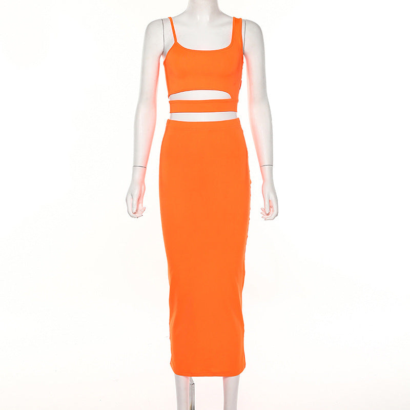 New women's sling round neck hollow two-piece skirt