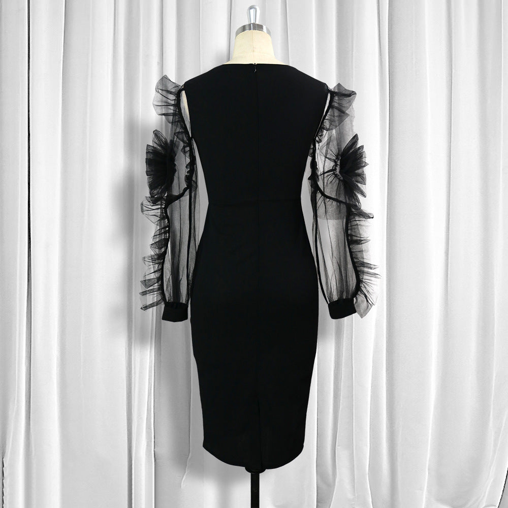 Mesh Flower Long Sleeve Slim Wrapped Pencil Skirt