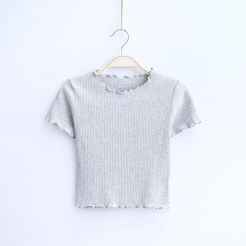 Fashion retro wooden ear slim short-sleeved T-shirt tops women's clothing
