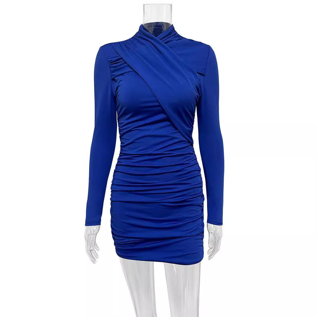 Autumn And Winter Long Sleeve Round Neck Fashion Ruffle Hip Dress