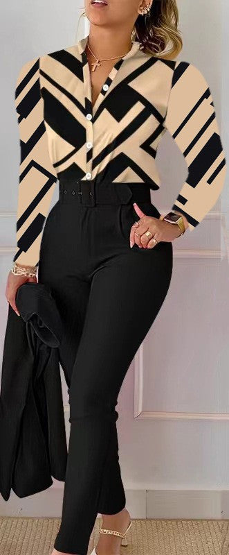 Printed Long-sleeved Top Solid Color Pants Suit With Belt