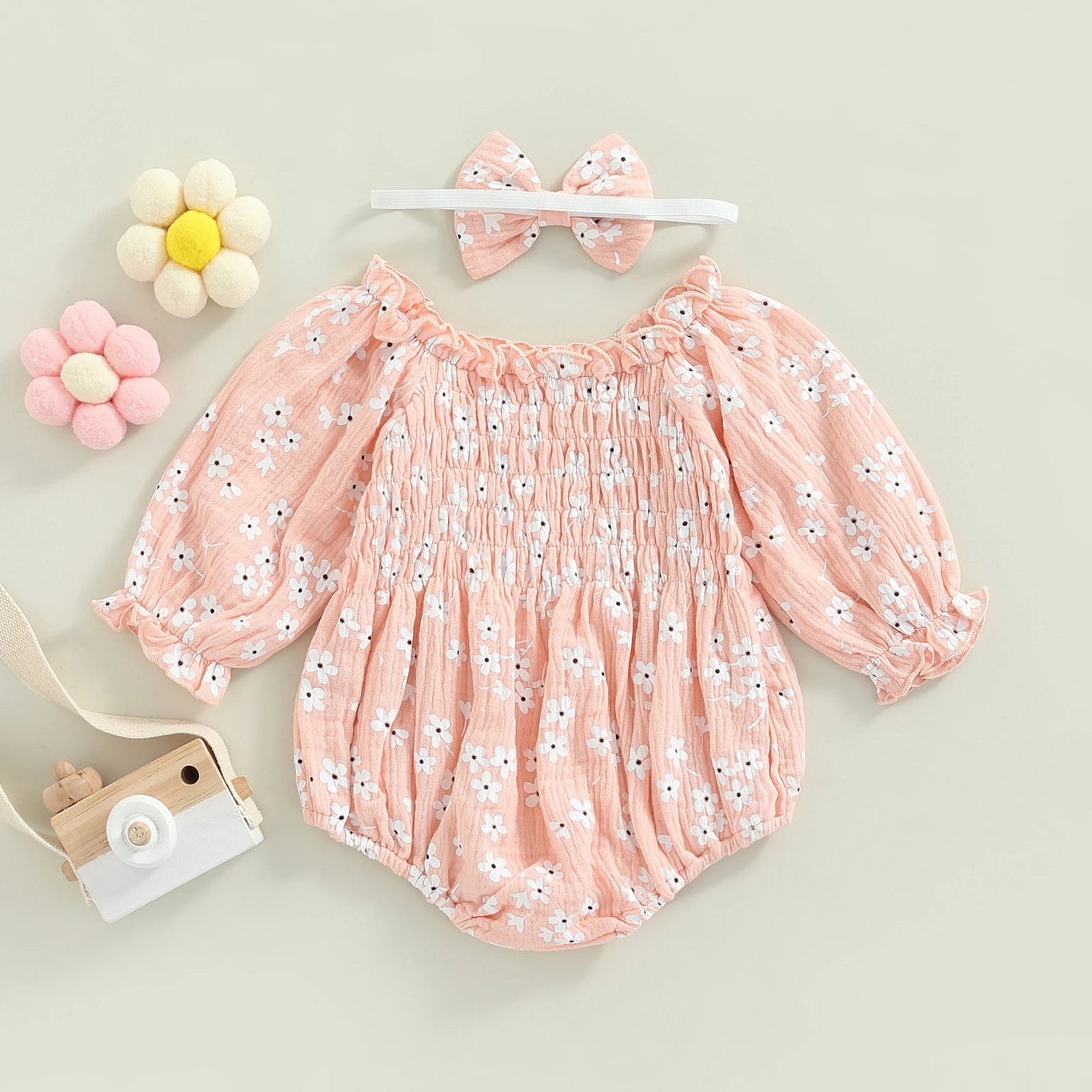Flowers Full Printed Long-sleeve Jumpsuit Romper Bow Hair Accessories