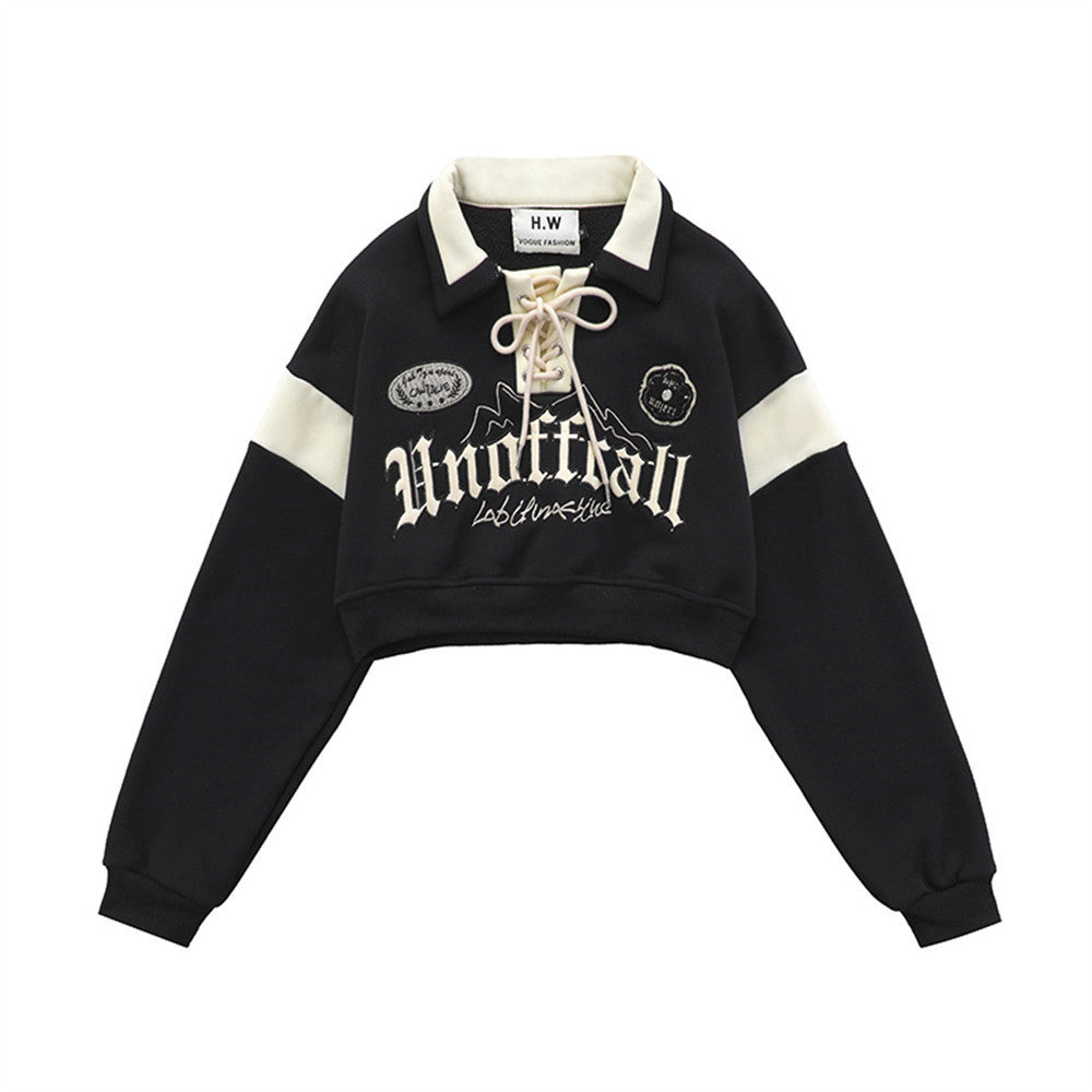 Women's Loose Fashion Polo Collar Lace-up Retro Alphabet Embroidery Color Matching Long Sleeve Short Top