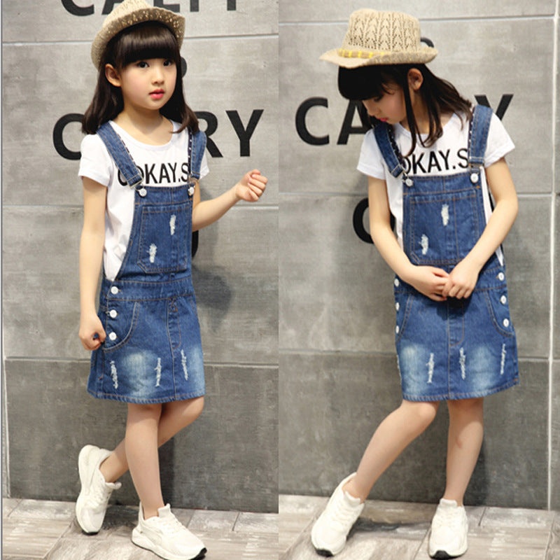 Middle-aged Girls' Denim Suspender Dress