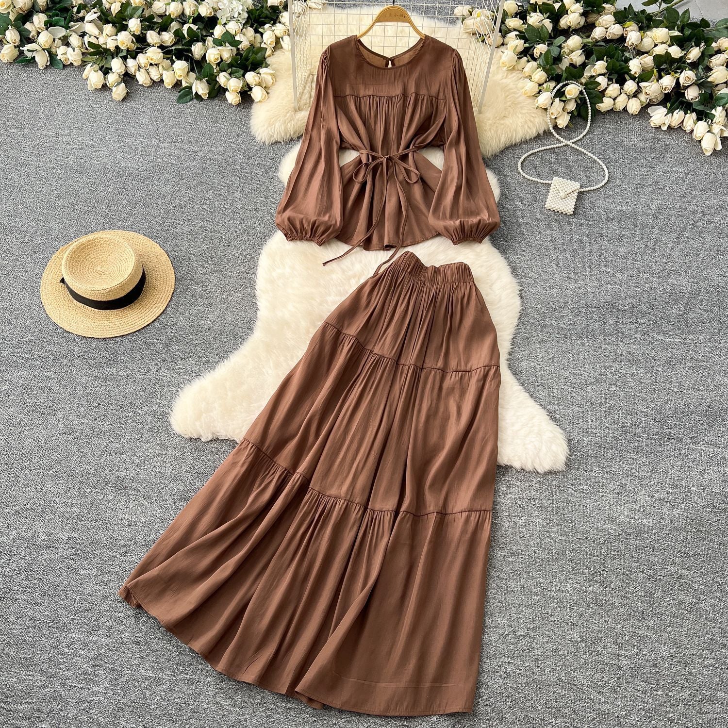 Suit Women's Spring French Style Lace-up Waist-controlled Round Neck Long Sleeve Shirt High Waist Drooping Skirt