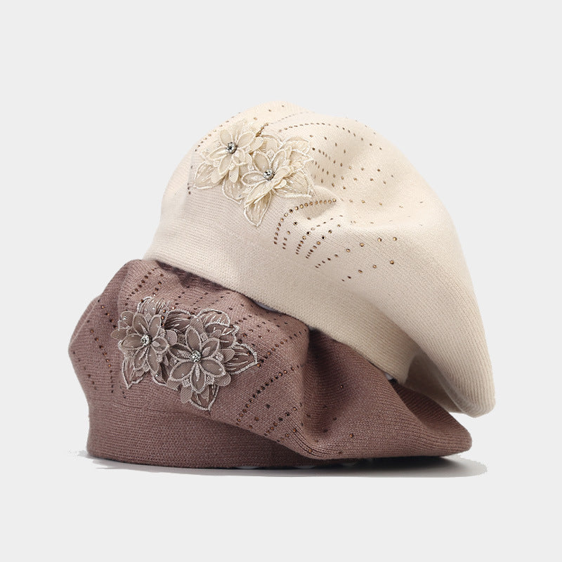 British Retro Beret Women's Fashion Flower Rhinestone Knitted Painting