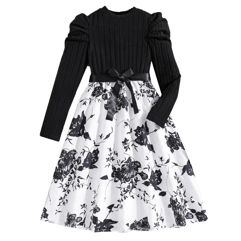 Long Sleeve Knitted Patchwork Retro Printed Princess Dress