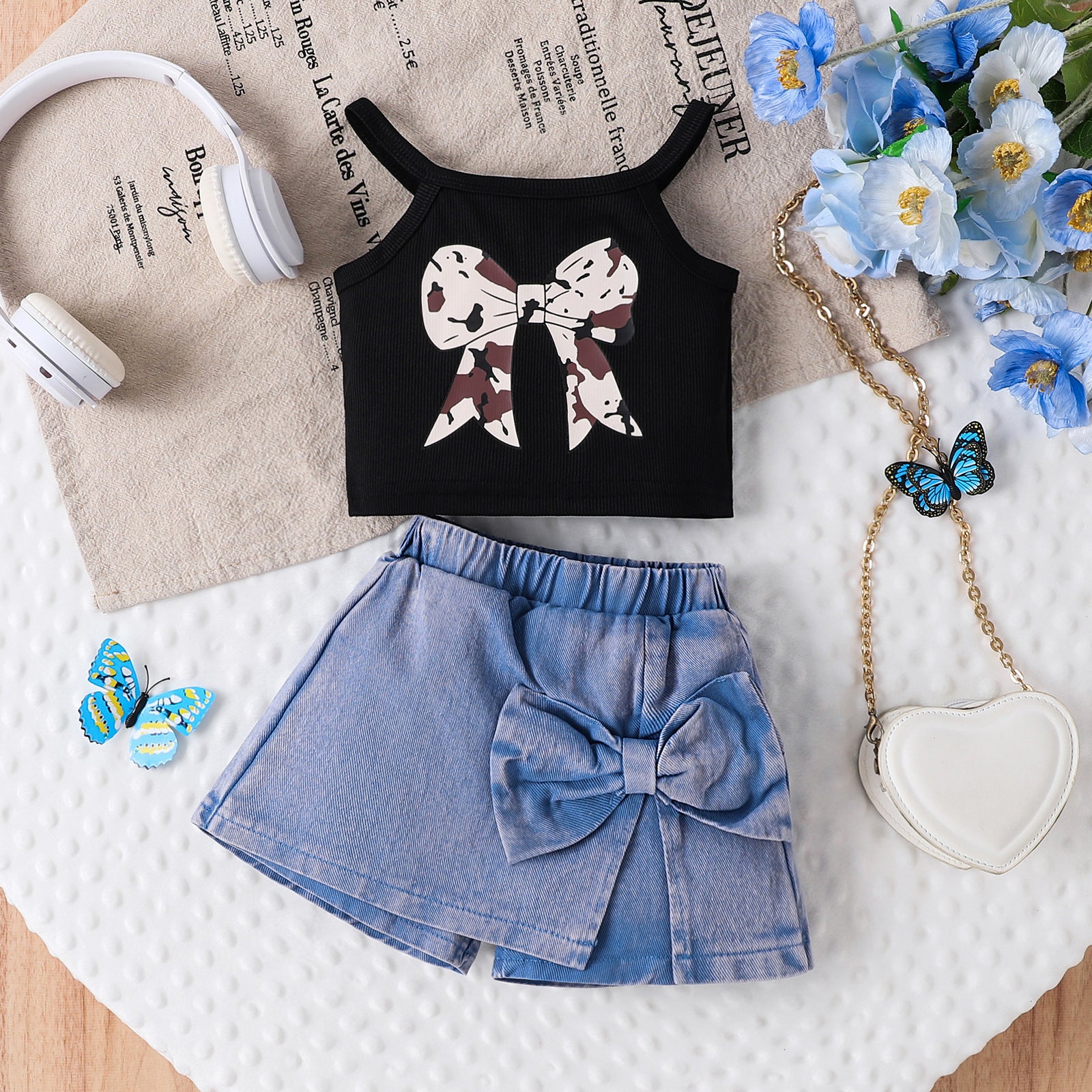 Sweet Cool Female Children's Suit Children Bow Print Sling Irregular Pantskirt