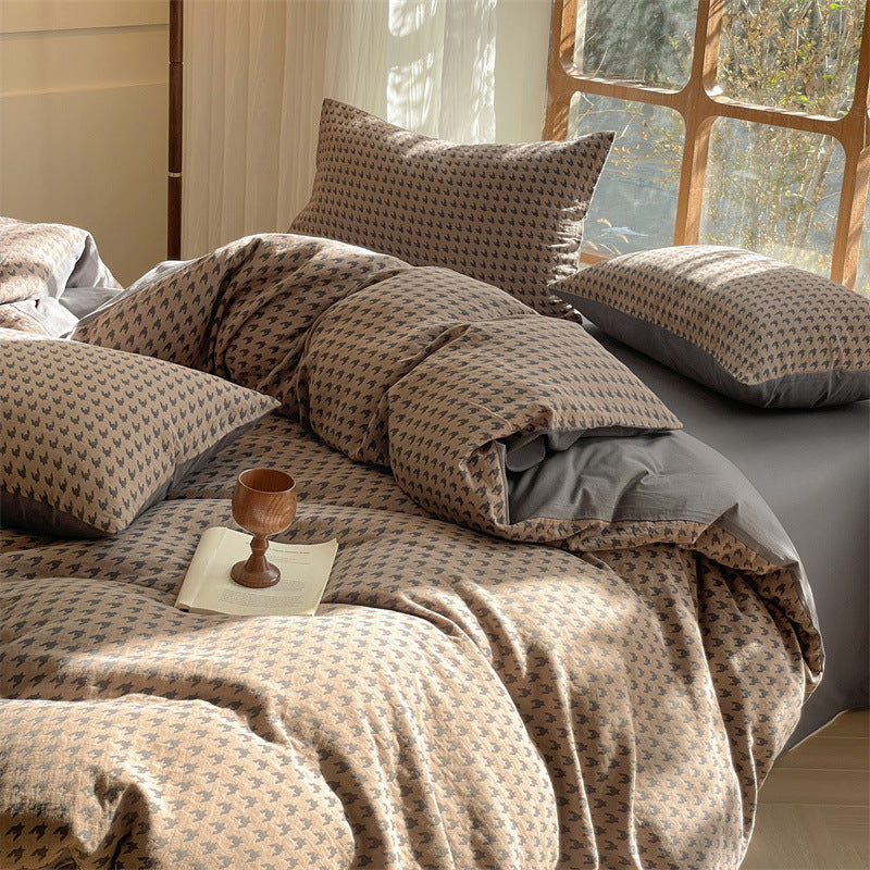Houndstooth Cotton Double-layer Yarn Four-piece Set Single Fitted Sheet Quilt Cover