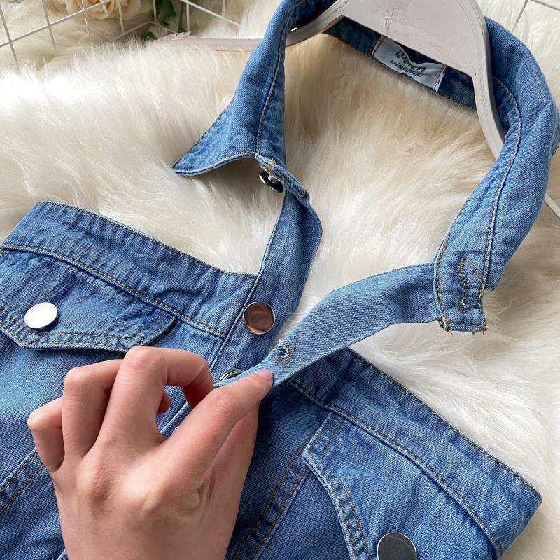 Sexy halter neck washed soft denim skirt