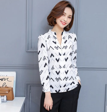 Printed shirt V-neck top Slim long-sleeved chiffon shirt