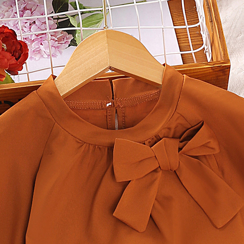 Korean Style Baby Bow Short Sleeve T-shirt Mesh Splicing Skirt Two-piece Set