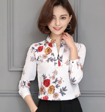 Printed shirt V-neck top Slim long-sleeved chiffon shirt