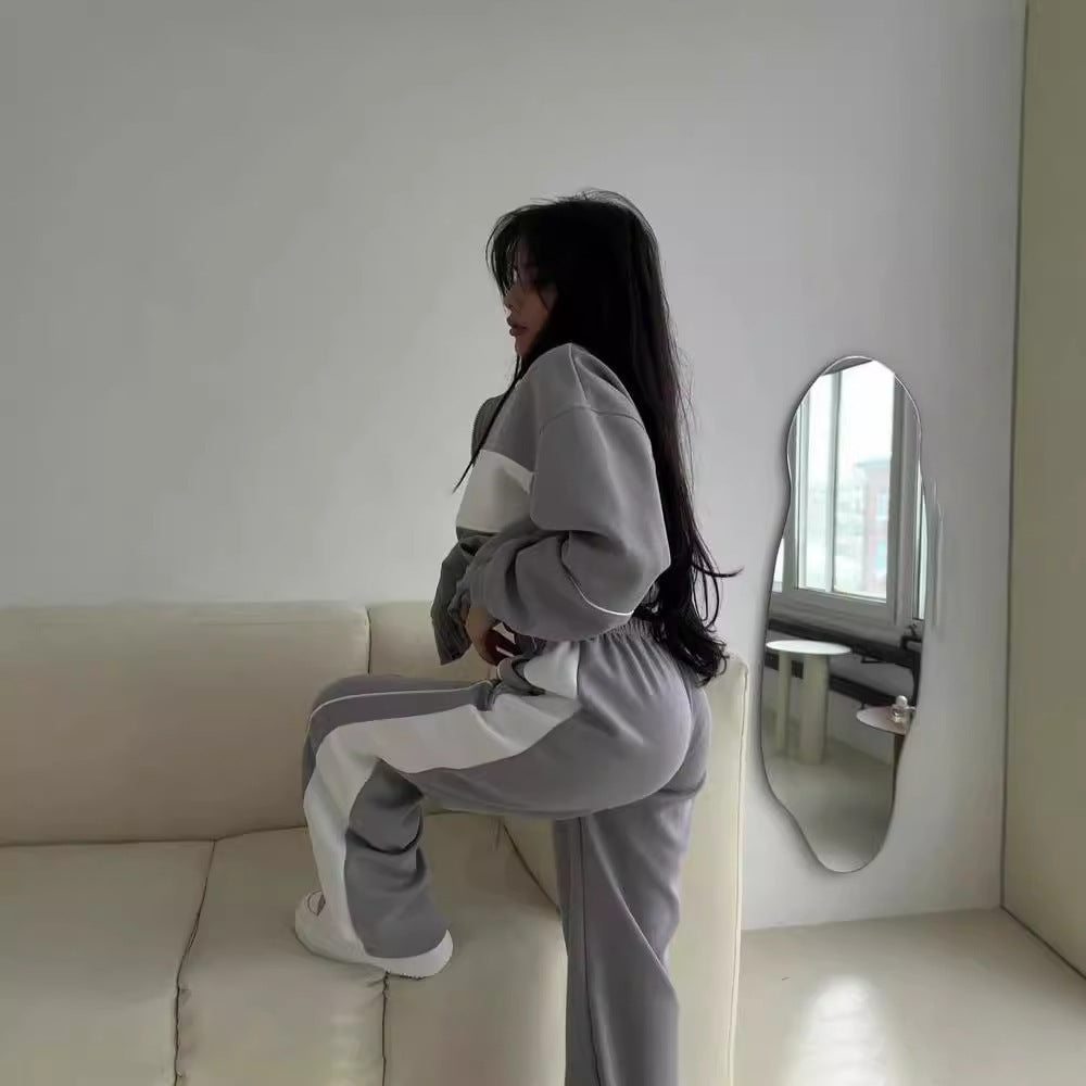 Women's Long-sleeved Contrast Color Sweatshirt Trousers Casual Suit