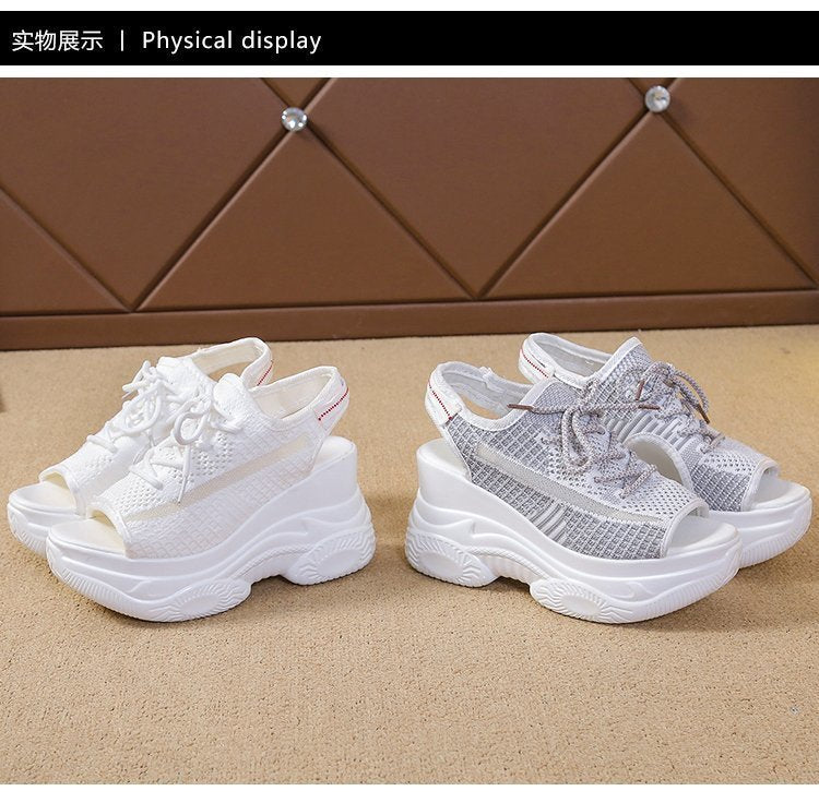 Women's Platform Mesh Surface Breathable Lace-up Wedge Sandals