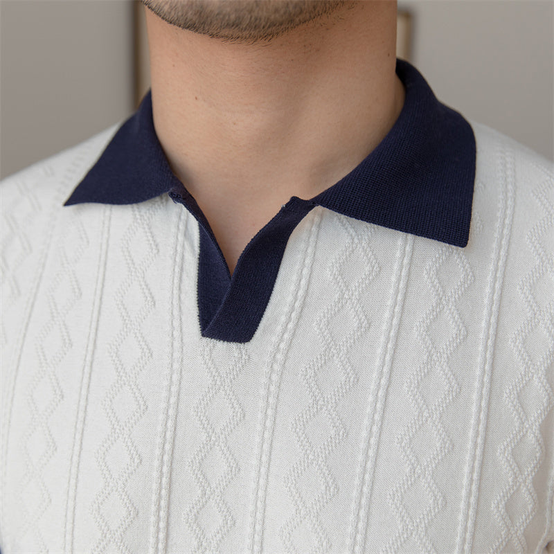 Knit Jacquard Color Block Lapel Top Vintage