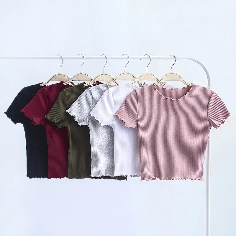 Fashion retro wooden ear slim short-sleeved T-shirt tops women's clothing