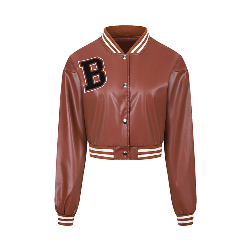Women's Color Matching Thread Leather Baseball Uniform Coat Top