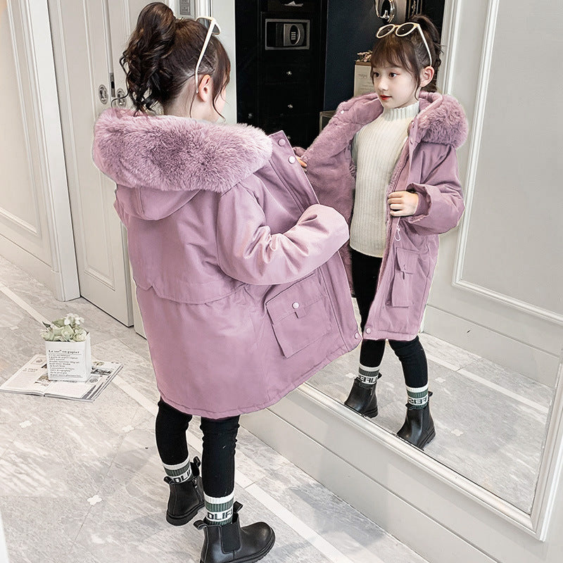 Girls' Fleece Lined Padded Warm Keeping Hooded Cotton-padded Coat