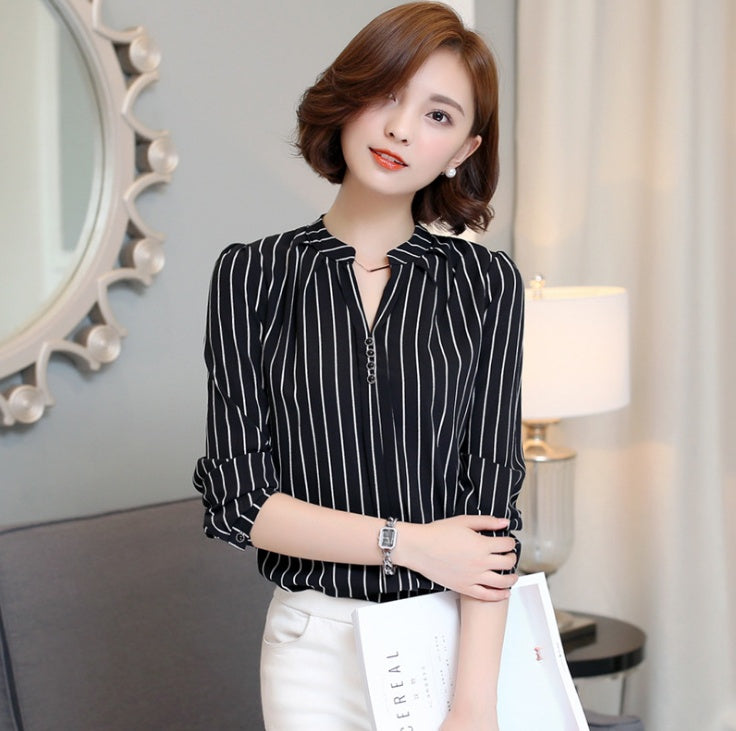 Printed shirt V-neck top Slim long-sleeved chiffon shirt