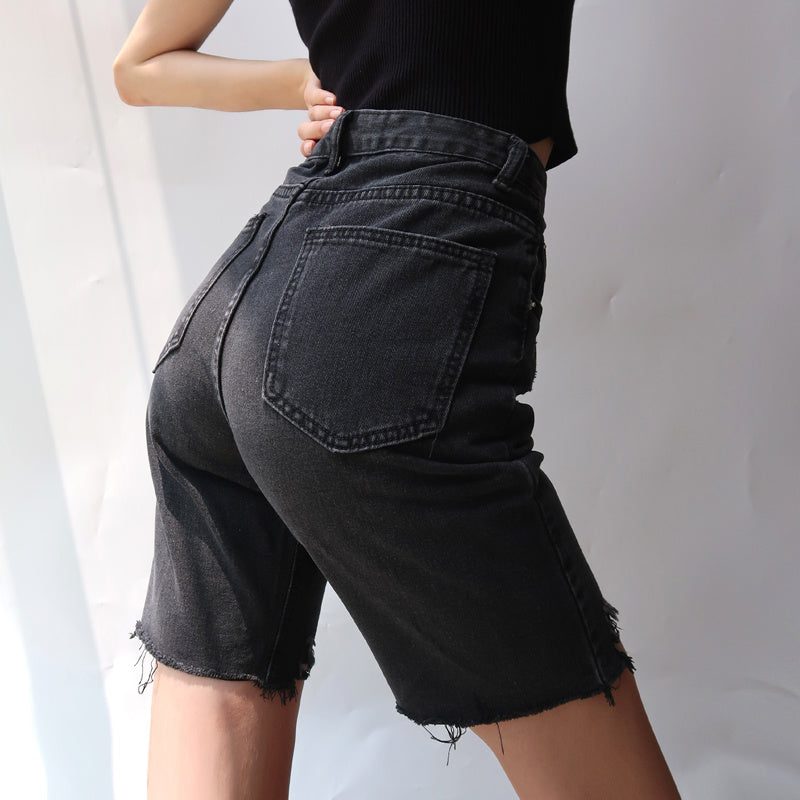 High-waisted slim-cut five-point jeans