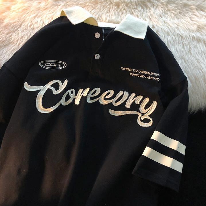 Women Ins Retro Short Sleeve Leisure Hong Kong Style Japanese Style Pu Shuai Lapel Loose Letters
