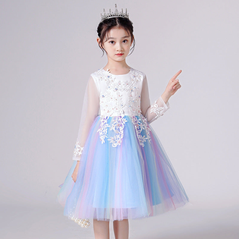 Mesh Sleeves Rainbow Gradient Skirt