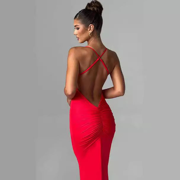 Women's Backless Cross Shoulder Strap Pleated Dress