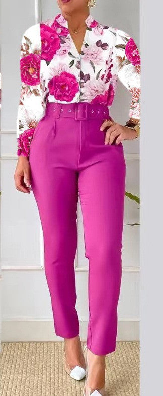 Printed Long-sleeved Top Solid Color Pants Suit With Belt