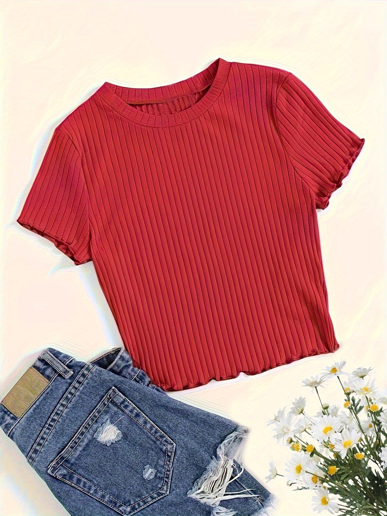 Korean Style Round Neck Wooden Ear Short Top Ins Knitted Inner Match Bottoming Shirt