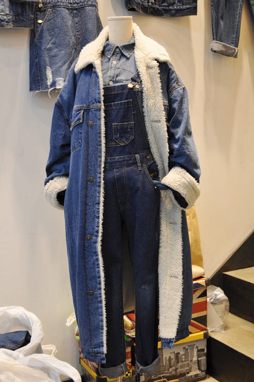 Lamb Wool Thick Denim Jacket Women Mid-length Plus Cashmere