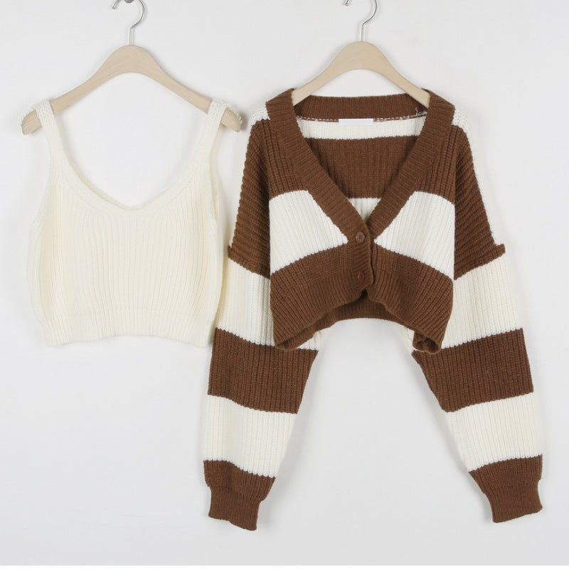 Women's Clothing Two-piece Set Sweater Striped Short Style Fashionable Knitted Suit
