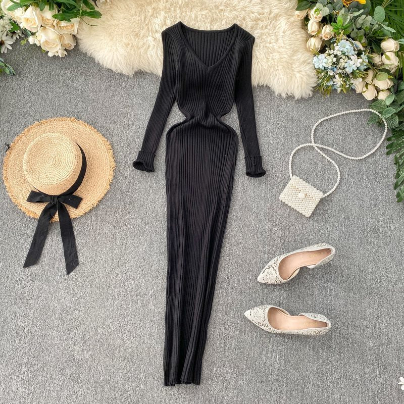 Dress Women Simple Solid Color Long Sleeve Tight